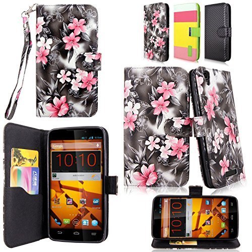 Cellularvilla Wallet Case for ZTE Boost MAX N9520 Pu Leather Wallet Card Flip Open Pocket Case Cover Pouch (Black Pink Flower)