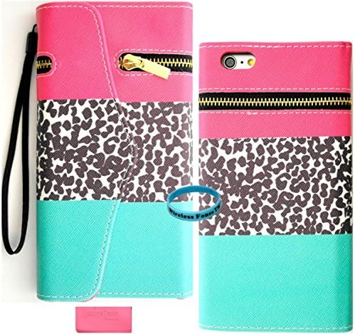 iPhone 6s Plus Case, iphone 6s Plus Wallet, Wireless Fones TM Unique wallet PinkTeal leopard Zipper Design Print Case Cover with PU Leather and Card Slots/Wristlet for iPhone 6s Plus