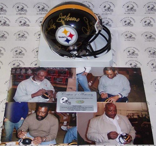 Steel Curtain Autographed/Hand Signed Pittsburgh Steelers Mini Helmet by Joe Greene , LC Greenwood ,