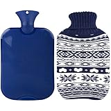 Premium Classic Transparent Hot Water Bottle w/ Cute Knit Cover (2L, Navy / Snowflake)