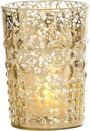 Luna Bazaar Flower Motif Mercury Glass Votive Candle Holder Gold