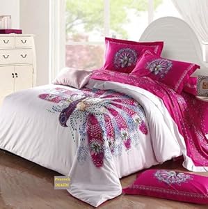 FADFAY Unique Peacock Bedding Sets, White Pink Bedding Sets, Queen Bed ...