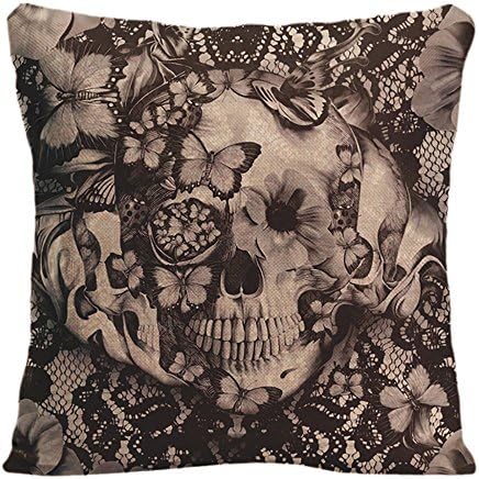 LDJ Cotton Linen Sofa Chair Seat Square Throw Pillow Case Decorative Cushion Cover Pillowcase Design With Victorian Gothic Lace Skull Custom Pillow Cover Print One Side Sized 18X18 Inches