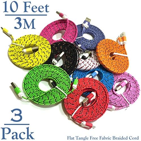 Josi Minea® 3 Pcs Fabric Braided Flat Tangle Free Nylon Premium High Quality Ruggedized Micro USB Rainbow Cables 10 Feet / 3 Meter Charger Sync Data Rapid Charging Cable USB Cord Wire for Samsung Galaxy S3 / S4 / S5 / S2, Samsung Galaxy Note / Note 2 / 3 / 4, Galaxy Tab, Google Nexus 7 / 10, Nokia Lumia, and Most Android Tablets / Android Phones / Windows Phones - 10Ft/3M (3 Pack)