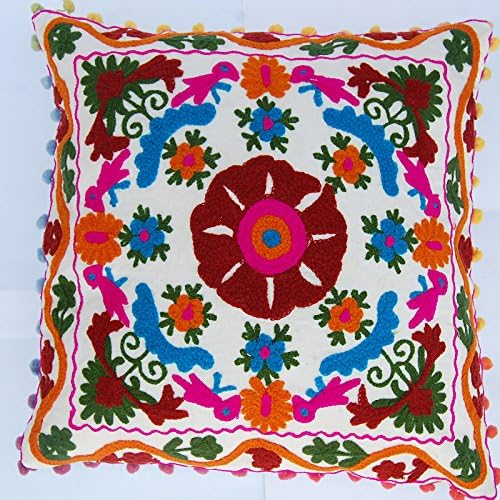 ZAIAZ Handmade Embroidered Suzani Uzbekistan Style Woolen Cushion Cover 16 X 16 Inches Multicolor