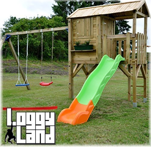 Imagen 3 de LoggyLand 9278 - casa de zancos con tobogán y columpio doble