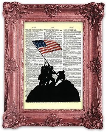 Vintage Dictionary American Flag Raising of Iwo Jima On Recycled Vintage Dictionary Paper 8 x 11 Military Veteran Patriotic