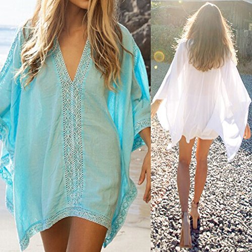MIOIM® 体型カバー レディ セクシー Vネック 水着 ビキニカバー チュニック ミニワンピース 日焼け止め シフォン パレオ シャツ UVカバー オーバーウェア ビーチドレス ドルマンスリーブ スイムウェア