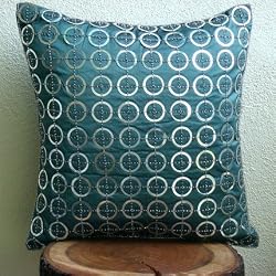 Teal N Silver Rings- Decorative Pillow Cover - Silk Pillow Cover with Sequin Embroidery