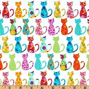 44-Wide-Michael-Miller-Happy-Hills-Calico-Cat-White-Fabric-By-The-Yard
