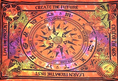 HegaHega Jaipuri Rajasthani Handcrafted Yellow Burning Celestial Sun Moon Planet Tapestries,Hippie Hippy Wall Hanging,twin Psychedelic tapestry,Bohemian Wall hanging, dorms tapestries, beach sheet