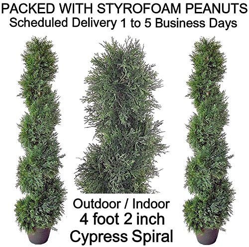 SPJPLANTS Box of Two Artificial Outdoor Indoor Potted 4 foot 2 inch Cypress Cedar Spiral Topiary Tree Plants packed in styrofoam peanuts