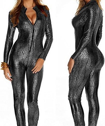 TESOON Women's Catsuit Costume Wet Look Zipper Front Halloween Cosplay Bodysuit Grey Medium