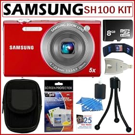 Samsung SH100 14.2MP Wi-Fi Digital Camera with 5X Optical Zoom in Red + 8GB Accessory Kit