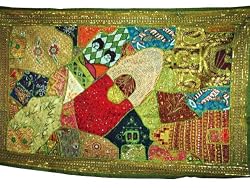 Jungle Green Bead Vintage India Decor Sari Tapestry Wall Hanging Throw 70x44