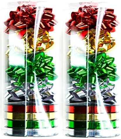 Holiday Crafts 2 Pack of 4 Star Bows and 4 Section Curling Ribbon - Total of 8 Bows and 8 Sections of Curling Ribbon