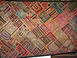 Wall Hanging-Kutch Embroidery Pink Vantage Sari Tapestry India 78"
