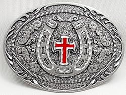 Diamondcut Red Enamel Cross within Horseshoe Buckle, Religious Buckle