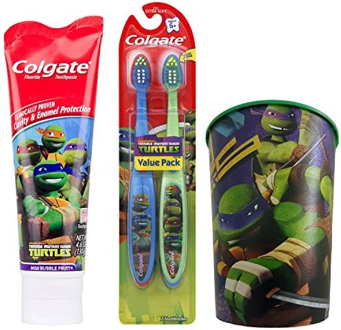 Teenage Mutant Ninja Turtles Kids Toothbrush &amp; Toothpaste Bundle: 3 Items - Colgate Extra Soft Bristle Toothbrush Pack of 2, Bubble Fruit Toothpaste, Character Rinse Cup