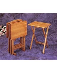 Furniture: 4 Pc Oak Finish Wood Tv Tray Table Set With Stand - AMBfurniture.com