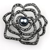 Classic Flower Rose Brooch in Dark Metal Tone with Black Round Rhinestones
