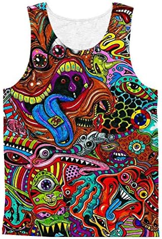 Chinkeyed Men's Crew-Neck Cotton Psychedelic Tanktop Digital Print Tops (Small)