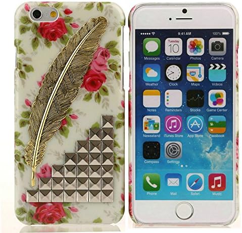Iphone 6 4.7 inch Case USBerry Unique Fashion 3D Handmade Silver Pyramid Nails Studs on Green Flower Case for Iphone 6 4.7 inch DIY Cover Case with Golden Feather Decoration