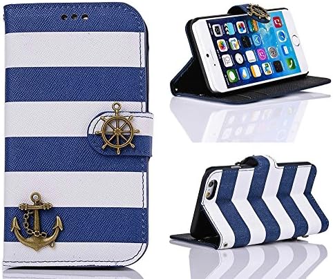 iphone 6 Case (4.7"), Stripes Anchor Flip Wallet Credit ID Card Slot Holder Phone Case With Stand --Retail Package W Screen Protector -- Blue
