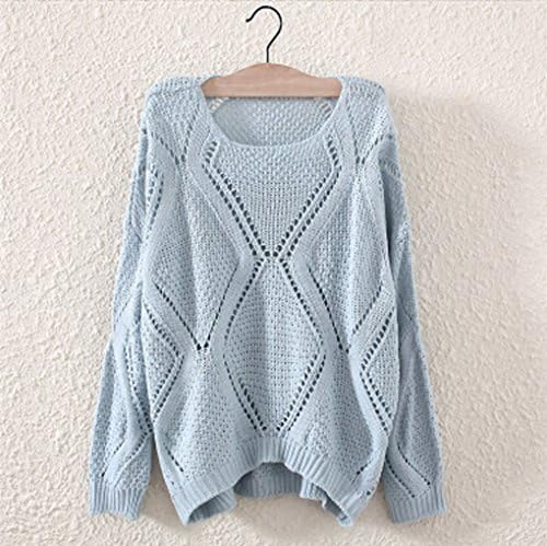 Musf Women Round Neck Long Sleeve Hollow-out Sweater Pullovers (blue)