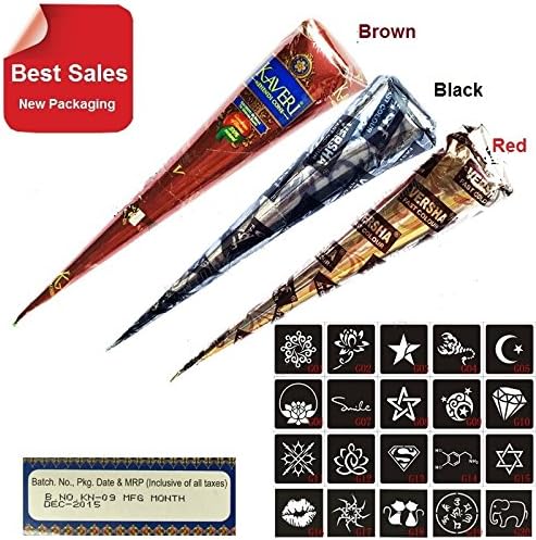 3 Piece Henna Cones Red Brown Black + 15 Stencils Temporary Tattoo Kits Body Art Mehandi Ink For Body Paint (Color: Multicolor)