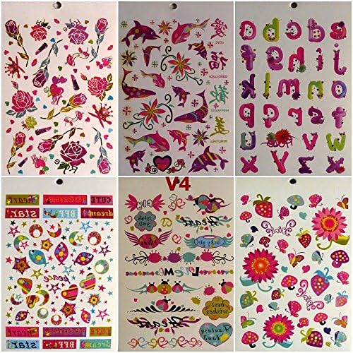 V4- 280 TATTOOS Special Design 6 sheets Temporary Tattoos Body art Sticker- Cute Flower, Fish, Alphabet