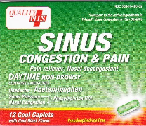 Quality Plus Sinus Congestion & Pain, Acetaminophen 325 mg & Phenylephrine HCl 5 mg, 12 caplets, Compare to active ingredient in Tylenol Sinus Congestion & Pain Daytime