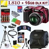 Nikon COOLPIX L810 16.1 MP Digital Camera (Red) + 4 AA Batteries with AC/DC Rapid Charger + 16GB Deluxe Accessory Kit