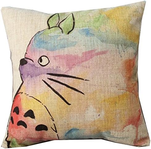 LovingHome Hand Painted Colorful Lovely Totoro Chinchilla Throw Pillow Case Decor Cushion Covers Square 18*18 Inch Beige Cotton Blend Linen