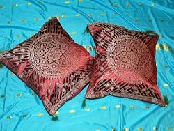 2 Rust Floral Silk Sari Toss Cushion Pillow Covers 16