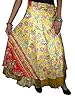 Womans Sari Wrap Skirt Two Layer Yellow Gold Printed Long Vintage Silk Sarong Skirts