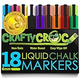 Crafty Croc Liquid Chalk Markers, Jumbo 18 Pack, (Mom's Choice Award Gold Recipient), Neon Plus Earth Colors 6mm Reversible Tip, 2 Replacement Tips Included