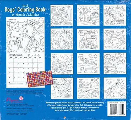Paper Craft 2016 Boys 16 Month Coloring Book Calendar with Over 100 Stickers Included