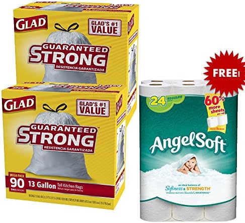 Glad Tall Kitchen Drawstring Trash Bags, 13 Gallon, 90 Count, 2-Pack Plus Free Angel Soft Toilet Paper, 24 Regular Rolls, Bath Tissue