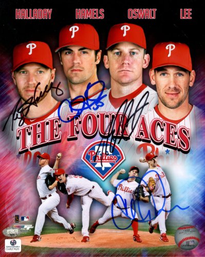 Phillies 4 Aces Signed Photo - Halladay, Lee, Oswalt & Hamels - 8x10 GAI - Autographed UFC Photos