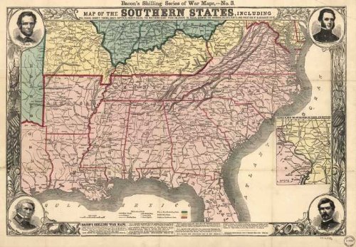 Map of the southern states, including rail roads, county towns, state capitals, count roads, the southern coast from Delaware to Texas, showing the harbors, inlets, forts and position of blockading ships. (Civil War Map Reprint: 36