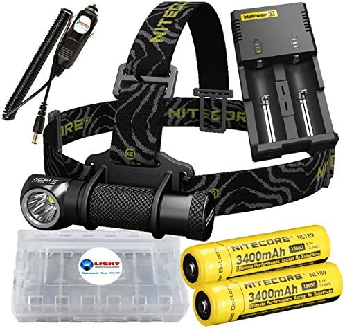 BUNDLE: NiteCore HC30 1000 Lumen CREE XM-L2 LED Headlamp with 2x NiteCore 18650 3400mAh Batteries, i2 Intelli-Charger with Car Adapter, and LightJunction Battery Case