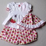 Baby Girls Cute Summer Clothes - 6-12 months - Gorgeous White Pink and Red Strawberries Short-sleeved Top Shorts & Sun Hat Outfit Set
