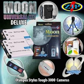 The Moon Universal Kit for OLYMPUS TG-320, Stylus 7010, TOUGH-3000. XP30 Includes: 2 Li-40B/42B 1000mAh Ultra High Capacity Batteries made with cells produced in JAPAN or USA, Table-Top Wire Tripod, 110/240 Mini Charger with fold out plug and a DC car adapter, SD/SDHC Card Reader, LCD Protection Fil