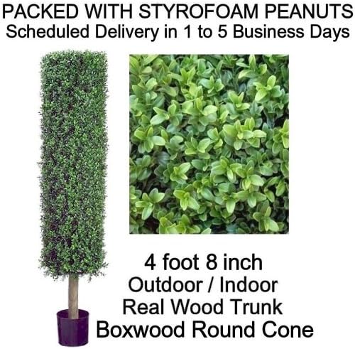 SPJPLANTS Artificial Outdoor Indoor Potted 4 foot 8 inch Boxwood Round Column Cone Topiary Tree Plant, real wood trunk, packed with styrofoam peanuts