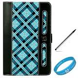 Blue Plaid Executive Portfolio Leather Carrying Case for HTC EVO View Tablet 4G Sprint Wireless Tablet + Silver Dual Tip Aluminum Stylus Pen for E-ink and LCD Display Screen Tablets or e-Readers + SumacLife TM Wisdom*Courage Wristband