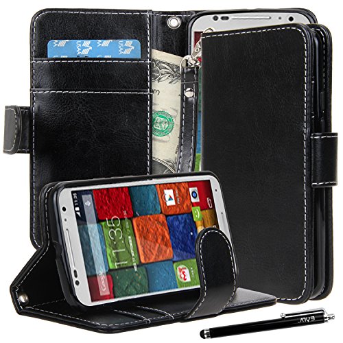 Moto X case, Moto X (2nd Gen.) Case, E LV Motorola Moto X+1 Flip Case Cover - Deluxe PU Leather Flip Wallet Case Cover for Moto X 2nd Generation Case for Google Motorola Moto X with 1 E LV Stylus - [BLACK]
