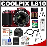 Nikon Coolpix L810 Digital Camera (Red) with 16GB Card + Batteries & Charger + Case + Tripod + HDMI Cable + Accessory Kit