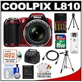 Black Friday Sale Nikon Coolpix L810 Digital Camera Red with 16GB Card Batteries amp Charger Case Tripod HDMI Cable Accessory Kit