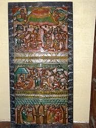 Story of Ramayana Mutilocored Handcarved Wooden India Door Wall Panel with Beautiful Patina and Intricate Detailing 72"